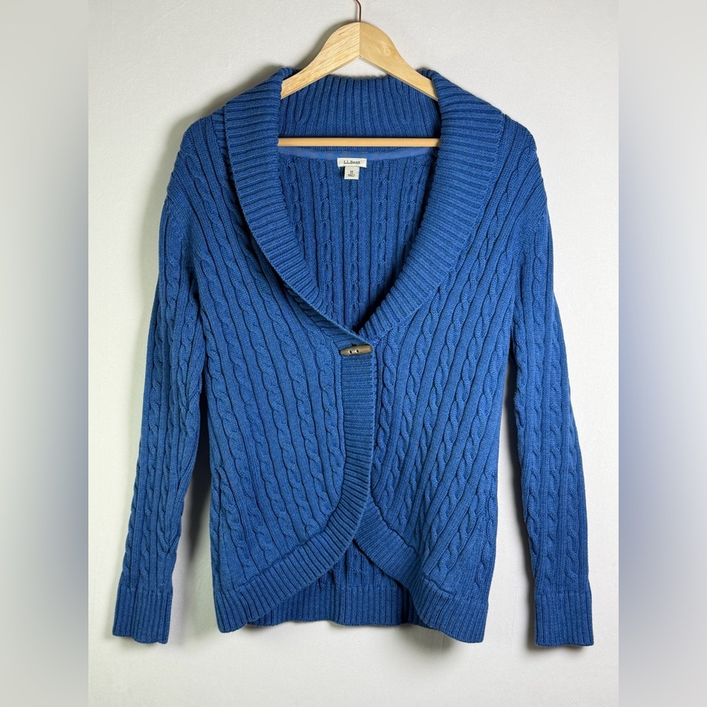 L.L.Bean Women’s Y2K Era Cable Knit Shawl Collar Cardigan Sweater Blue Sz Medium